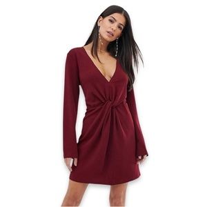 ASOS Burgundy Knot Front Plunge Long-Sleeve Mini Dress